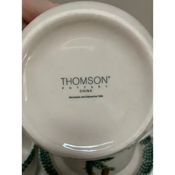 VTG Thomson Stoneware Green Sponge Pinecone Handled Soup Bowls & Plates Set of 4 - Picture 5 of 7